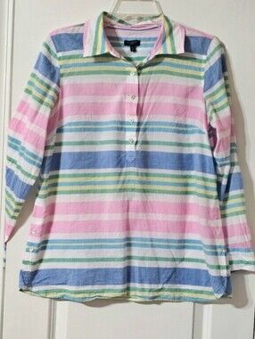 Talbots Pastel Striped Button-Front  Womens Shirt - Pink, Blue, Green, White